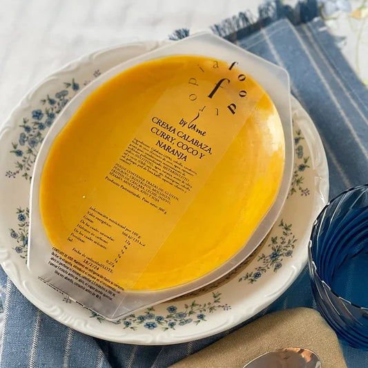 Crema de calabaza, curry, coco ynaranja